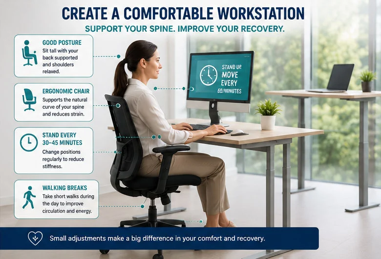 Simple workstation adjustments can make returning to office work more comfortable during recovery.