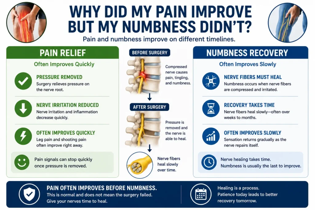 pain and numbness improve on different timeline