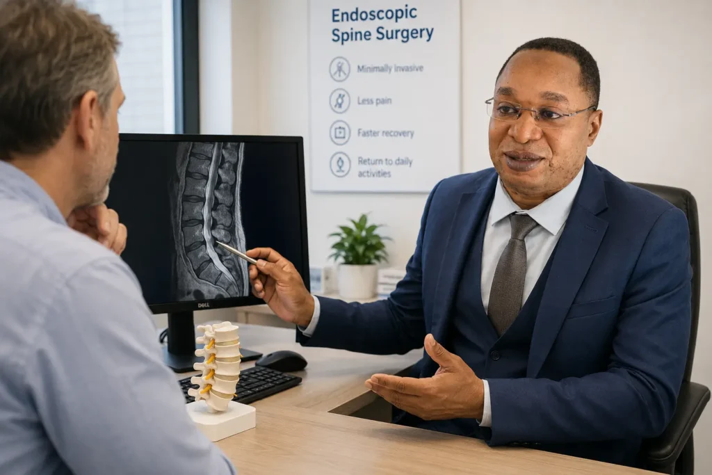 Spine surgeon discussing endoscopic spine surgery and recovery with patient Spine surgeon discussing endoscopic spine surgery and recovery with patient