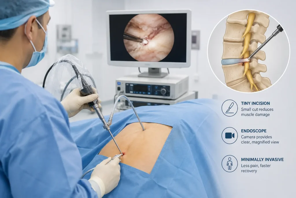 Illustration showing endoscopic spine surgery using a tiny camera and small incision Illustration showing endoscopic spine surgery using a tiny camera and small incision