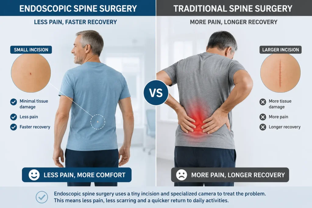 Patient experiencing less pain after endoscopic spine surgery compared with traditional surgery Patient experiencing less pain after endoscopic spine surgery compared with traditional surgery