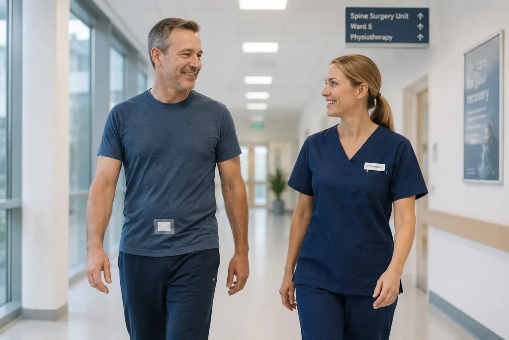 Patient walking comfortably after endoscopic spine surgery during early recovery Patient walking comfortably after endoscopic spine surgery during early recovery