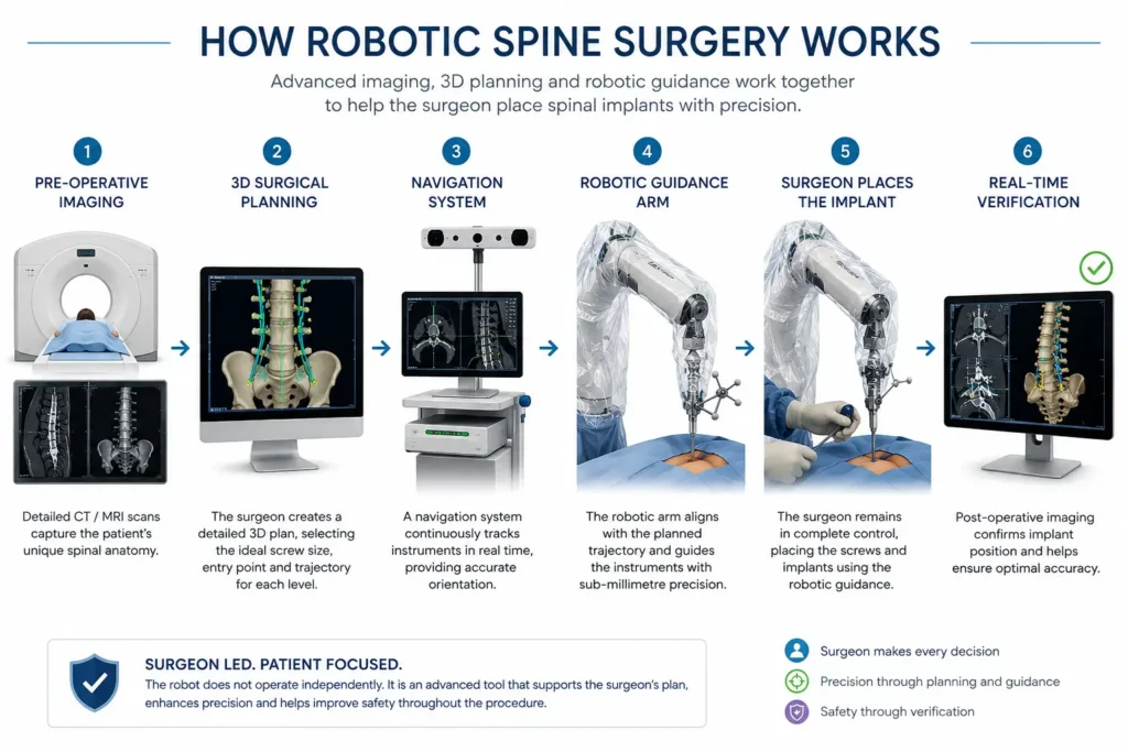 Diagram showing how robotic-assisted spine surgery combines CT imaging, navigation and surgeon-controlled robotic guidance Diagram showing how robotic-assisted spine surgery combines CT imaging, navigation and surgeon-controlled robotic guidance