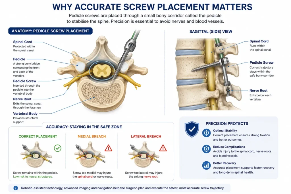 Illustration showing accurate pedicle screw placement during spinal instrumentation Illustration showing accurate pedicle screw placement during spinal instrumentation