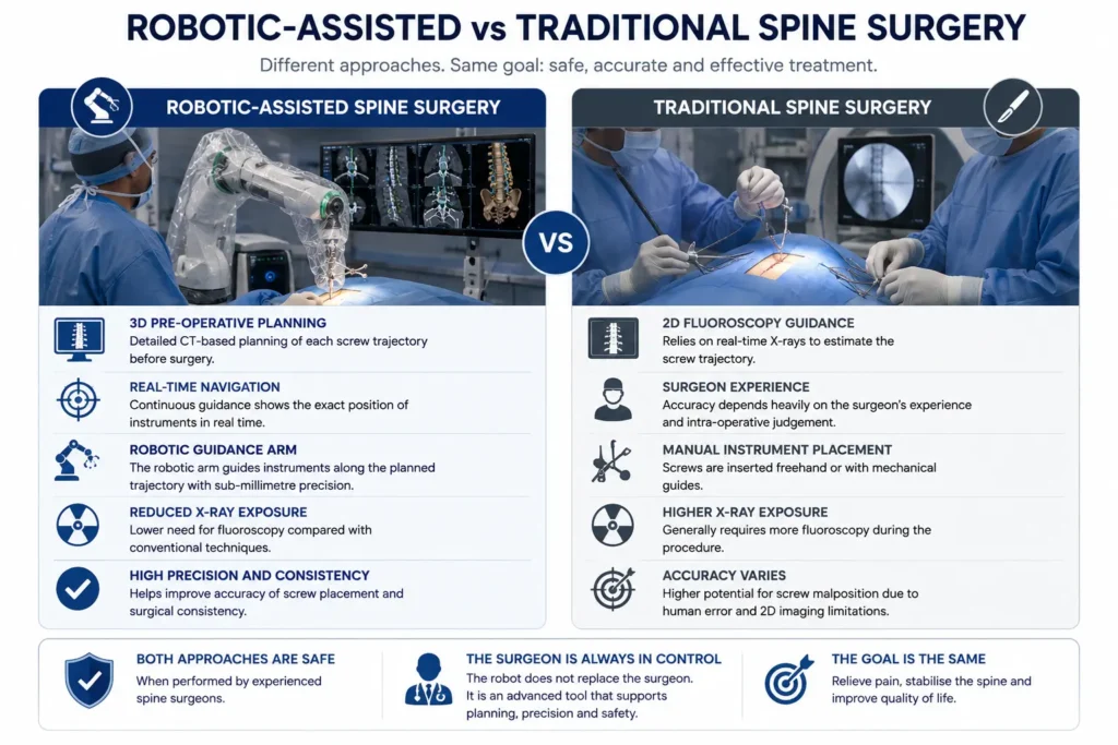 Comparison between traditional and robotic-assisted spine surgery workflows Comparison between traditional and robotic-assisted spine surgery workflows