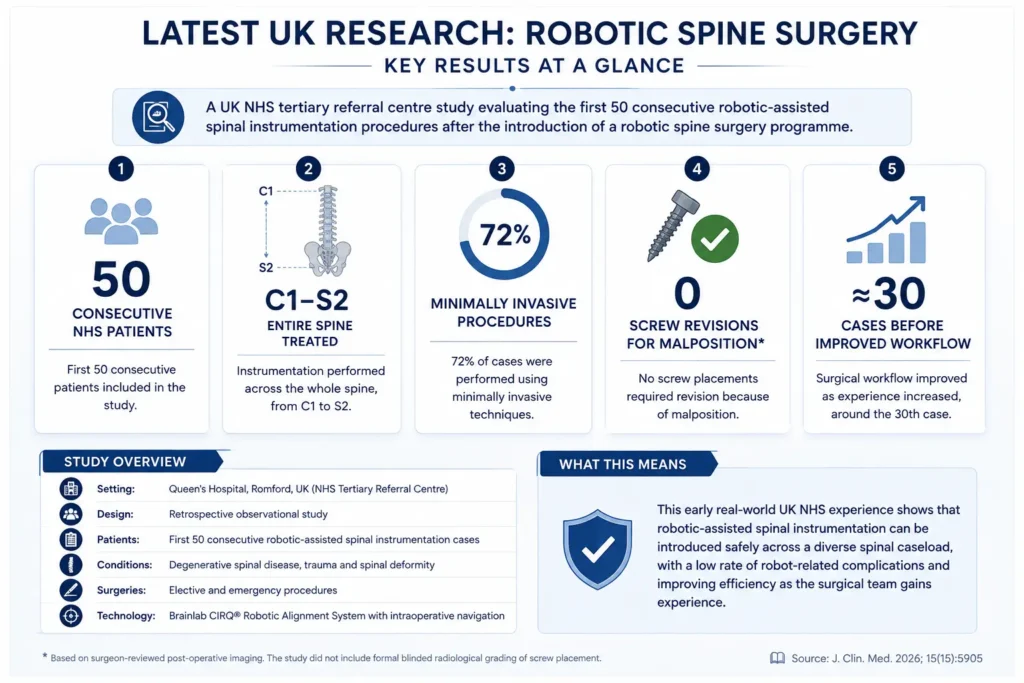 Infographic summarising the UK NHS study on robotic-assisted spinal instrumentation Infographic summarising the UK NHS study on robotic-assisted spinal instrumentation