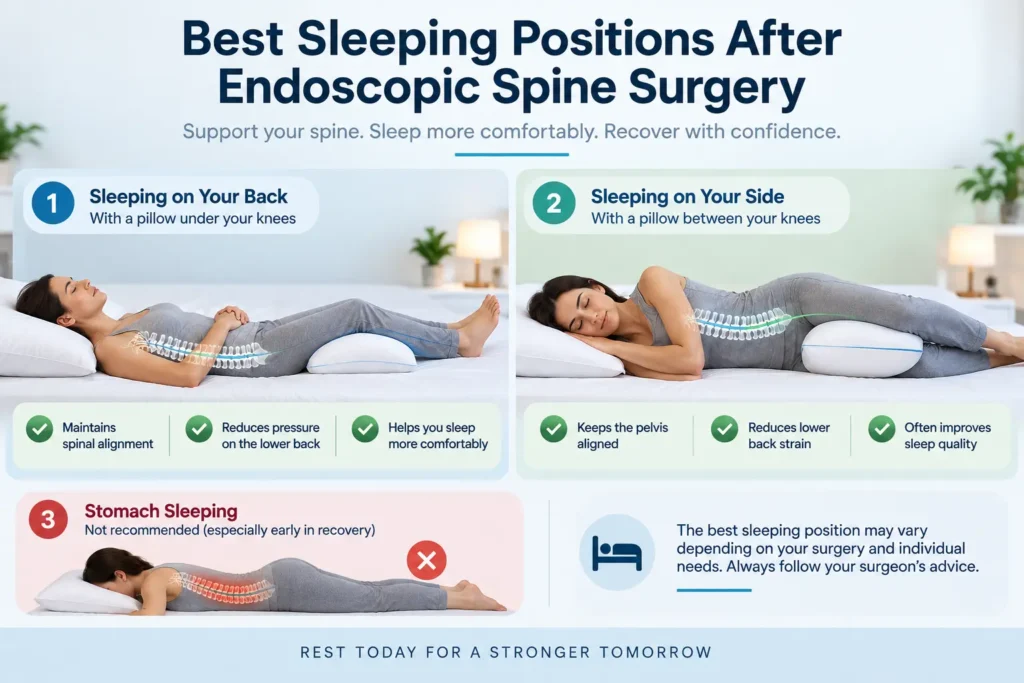 Sleeping positions after endoscopic spine surgery showing back and side sleeping with pillow support