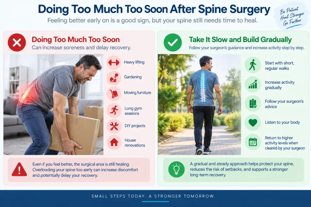 Doing too much too soon after endoscopic spine surgery can slow recovery Doing too much too soon after endoscopic spine surgery can slow recovery