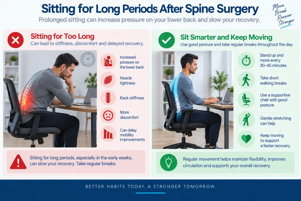 Prolonged sitting after endoscopic spine surgery can increase back stiffness and discomfort Prolonged sitting after endoscopic spine surgery can increase back stiffness and discomfort