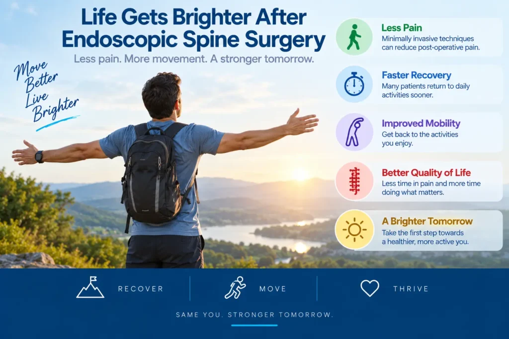 Signs of good recovery after endoscopic spine surgery including improved mobility and reduced pain Signs of good recovery after endoscopic spine surgery including improved mobility and reduced pain