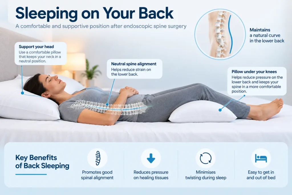 Back sleeping after endoscopic spine surgery with a pillow under the knees to support spinal alignment
