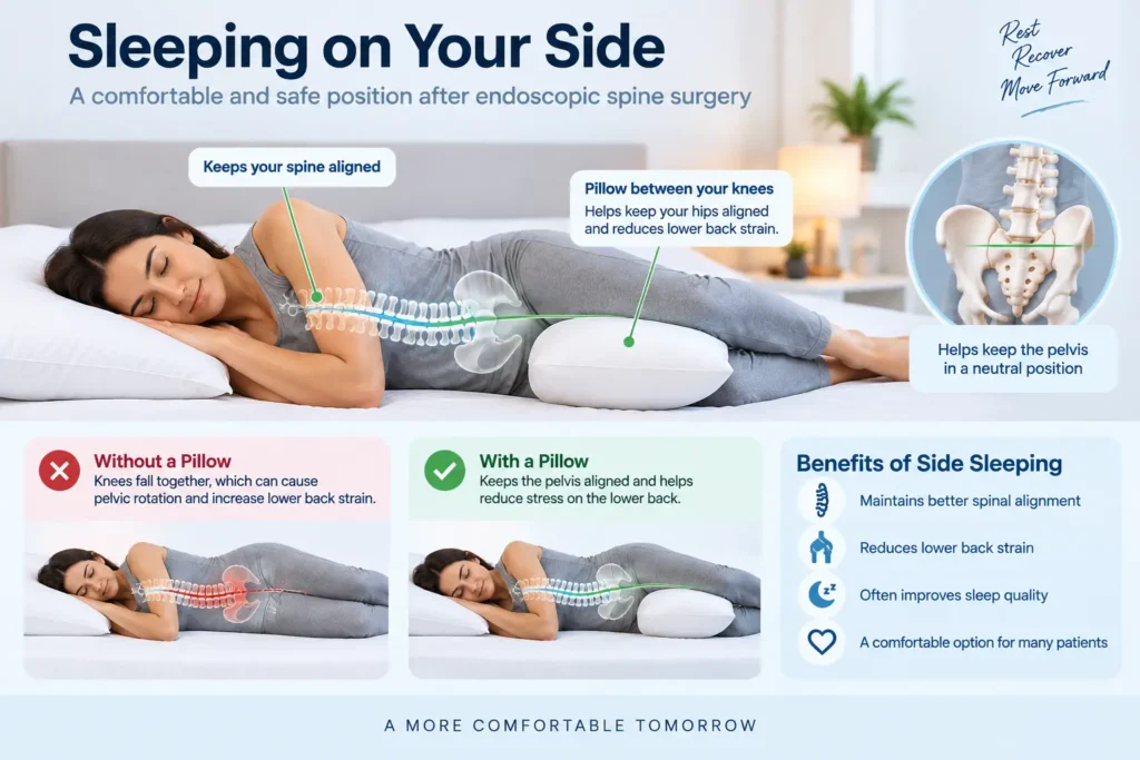 Side sleeping after endoscopic spine surgery with a pillow between the knees for spinal alignment