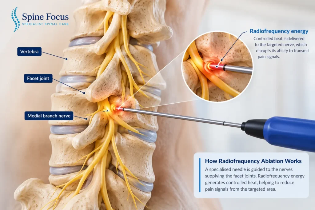 Medical illustration showing radiofrequency ablation targeting nerves near the lumbar facet joints Medical illustration showing radiofrequency ablation targeting nerves near the lumbar facet joints