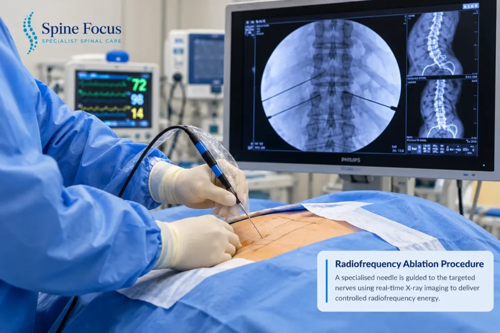 Clinician performing radiofrequency ablation for back pain with imaging guidance Clinician performing radiofrequency ablation for back pain with imaging guidance